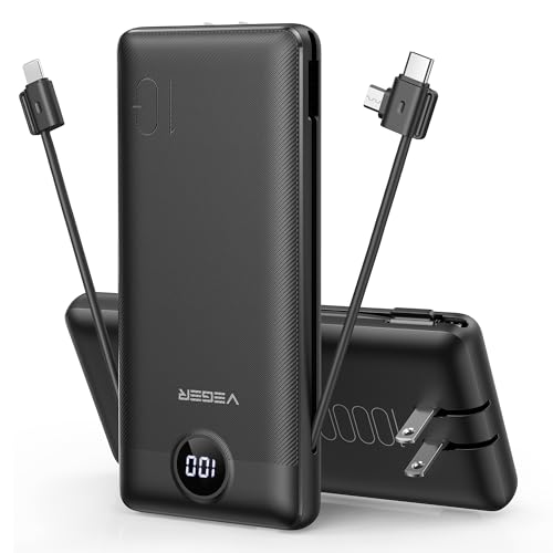 VEGER Portable Charger Power Bank with Built-in AC Plug and Cables, All in One 10000mAh Ultra Slim Travel Essentials, Fast Charging Battery Pack Compatible with iPhone, Samsung, Android, Black