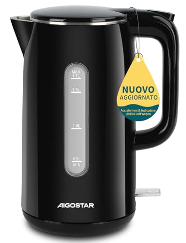 Aigostar Bollitore Elettrico Acciaio Inox Nero 1,7 Litri - Bollitura Rapida Electric Kettle 2200W, Doppio Isolamento, Senza Plastica All'interno, Senza BPA, Visualizzazione del Livello Dell'acqua